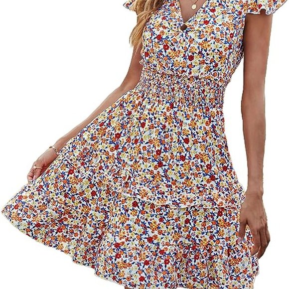 Boho V Neck Floral Print Ruffle Sleeve Layered Mini Dress Cute Smocked Waist Sho - Picture 5 of 7